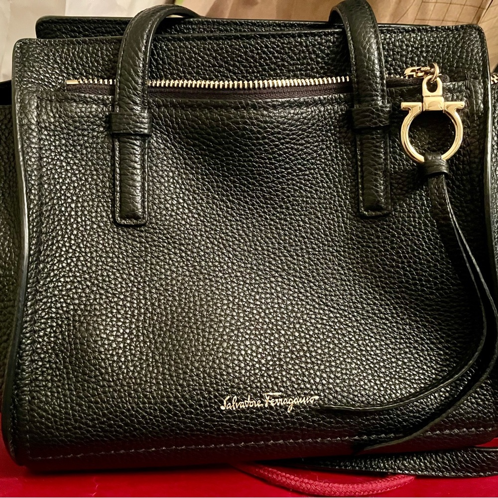 Salvatore Ferragamo Black Pebbled Leather Satchel